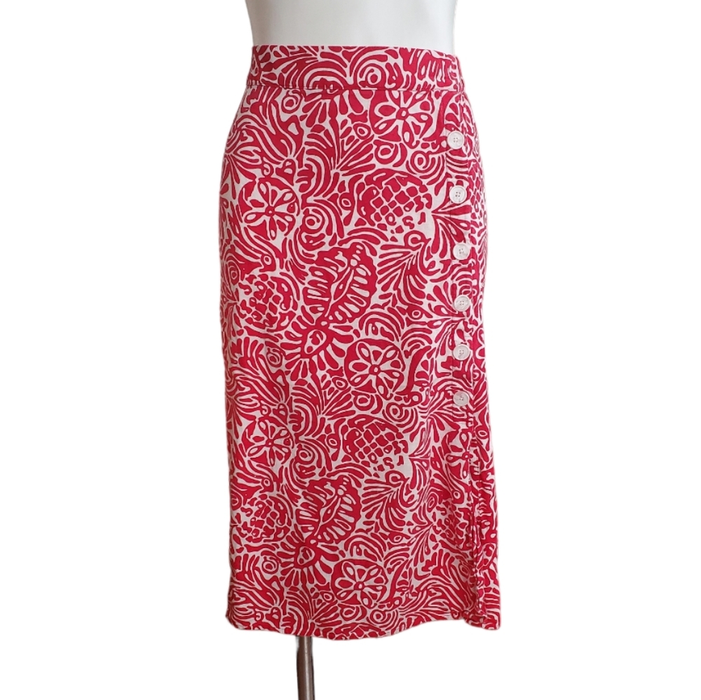 LOFT Red and White Floral Midi Skirt